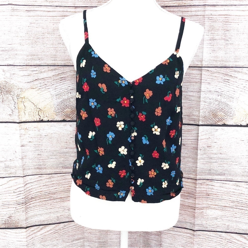 Madewell Cropped Black Button-Down V-neck Cami in Pressed Flowers Size 2